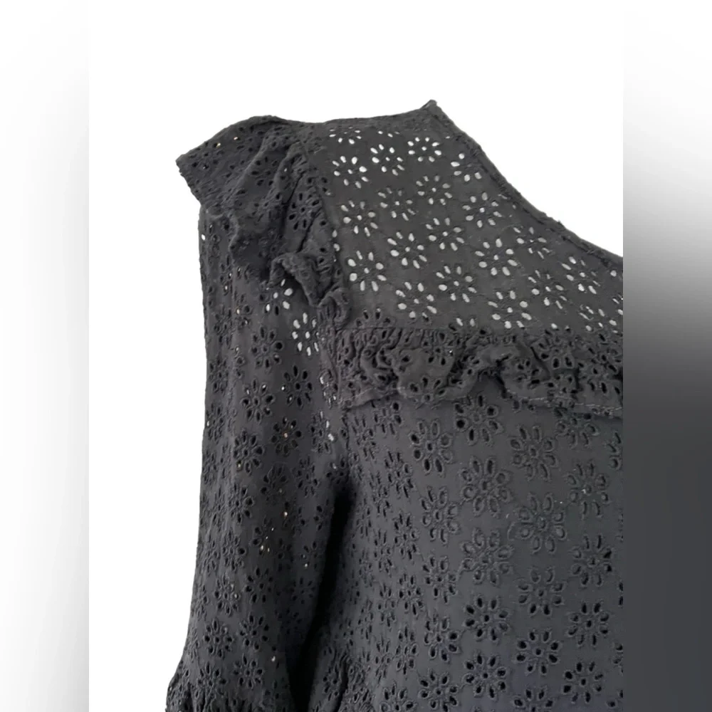 MADEWELL | Black‎ Eyelet Waterlily Ruffle Round Neck Tiered Mini Dress Size 6